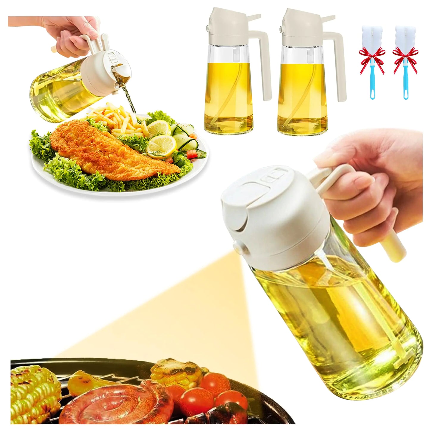 Nydia 16OZ Oil Dispenser for Cooking2 in 1 Olive Oil Dispenser Bottle for Kitchen470ML Food Grade Oil Sprayer for BBQSaladAir FryerParty (2xWhite)
