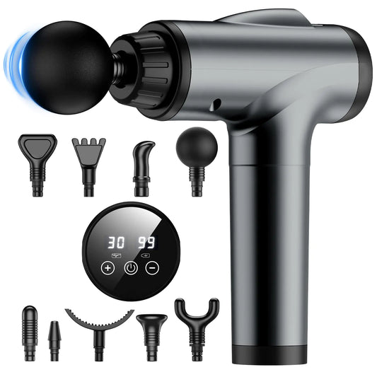 JQX Massage Gun Deep Tissue High Percussion Back Neck Massager for Athletes Handheld Muscle Massager Gun with 30 Speed Levels 9 Replacable Heads Gift for Men & Women (Grey)