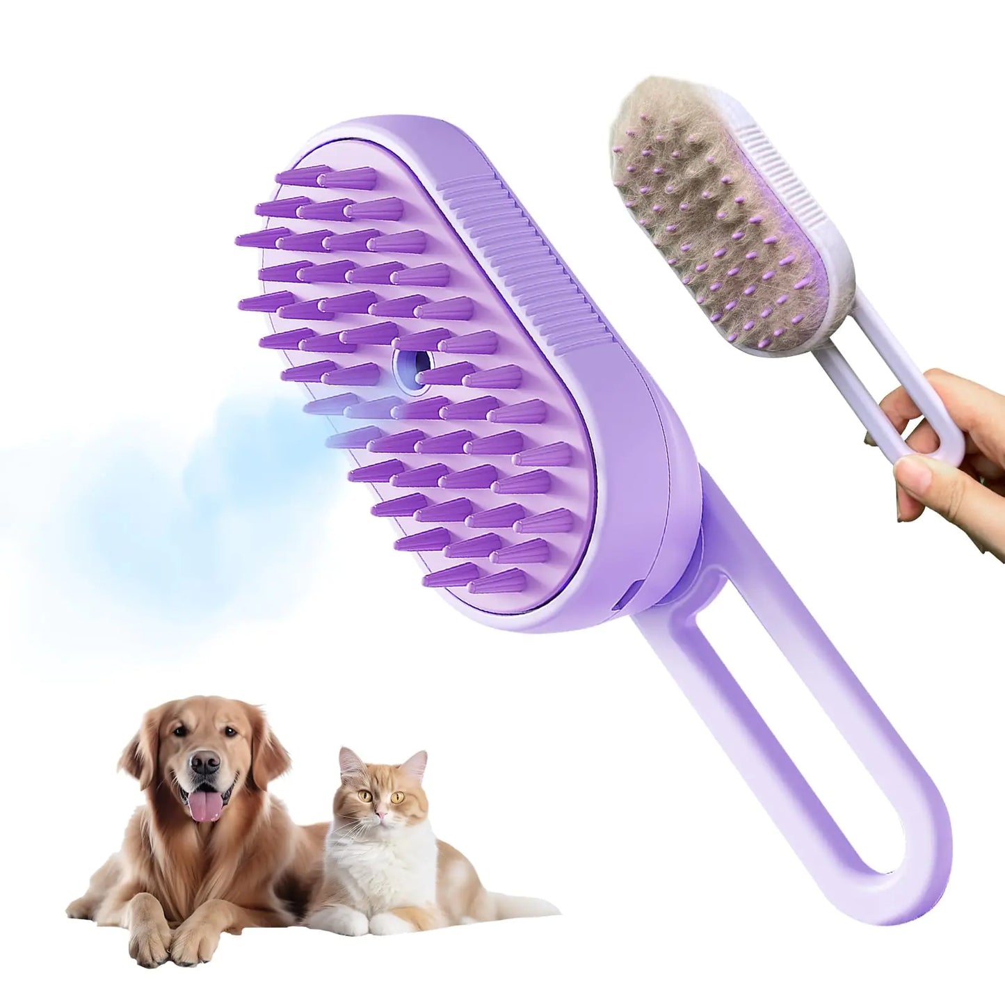GooCare New 3-in-1 Cat Steam Brush With Enhanced Spray Long Comb Steamy Brush for Shedding Hair Remover Cloud Care Water Brush for Long & Short Hair Indoor Cat and Dog (Purple)