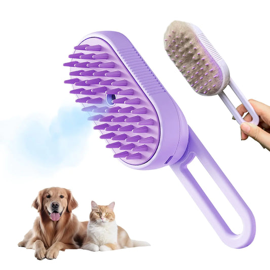 GooCare New 3-in-1 Cat Steam Brush With Enhanced Spray Long Comb Steamy Brush for Shedding Hair Remover Cloud Care Water Brush for Long & Short Hair Indoor Cat and Dog (Purple)