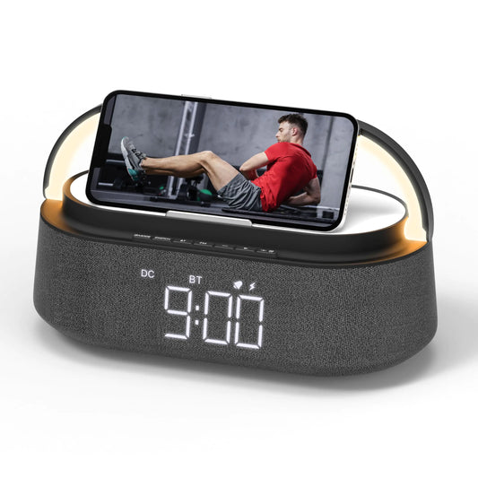 FREEFISH Bluetooth Speaker with Wireless Charger FM Radio Adjustable LED Night Light Dual Wireless Speakers Suitable for Decoration Bedroom Home Office Gift