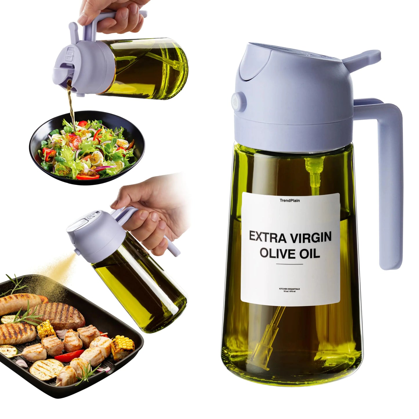 TrendPlain - Original Oil Dispenser for Kitchen - 2 in 1 Oil Dispenser and Oil Sprayer - Olive Oil Dispenser Bottle w/Stickers - Olive Oil Sprayer for Cooking Periwinkle (Light Blockage)