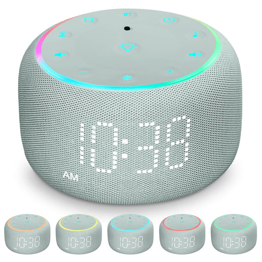 White Noise Machine Alarm Clock for Bedrooms - 5W Stereo Bluetooth Speaker - 24 Soothing Sounds - 9 Night Lights - Auto-Dimmable Digital Alarm Clock Sound Machine for Sleeping
