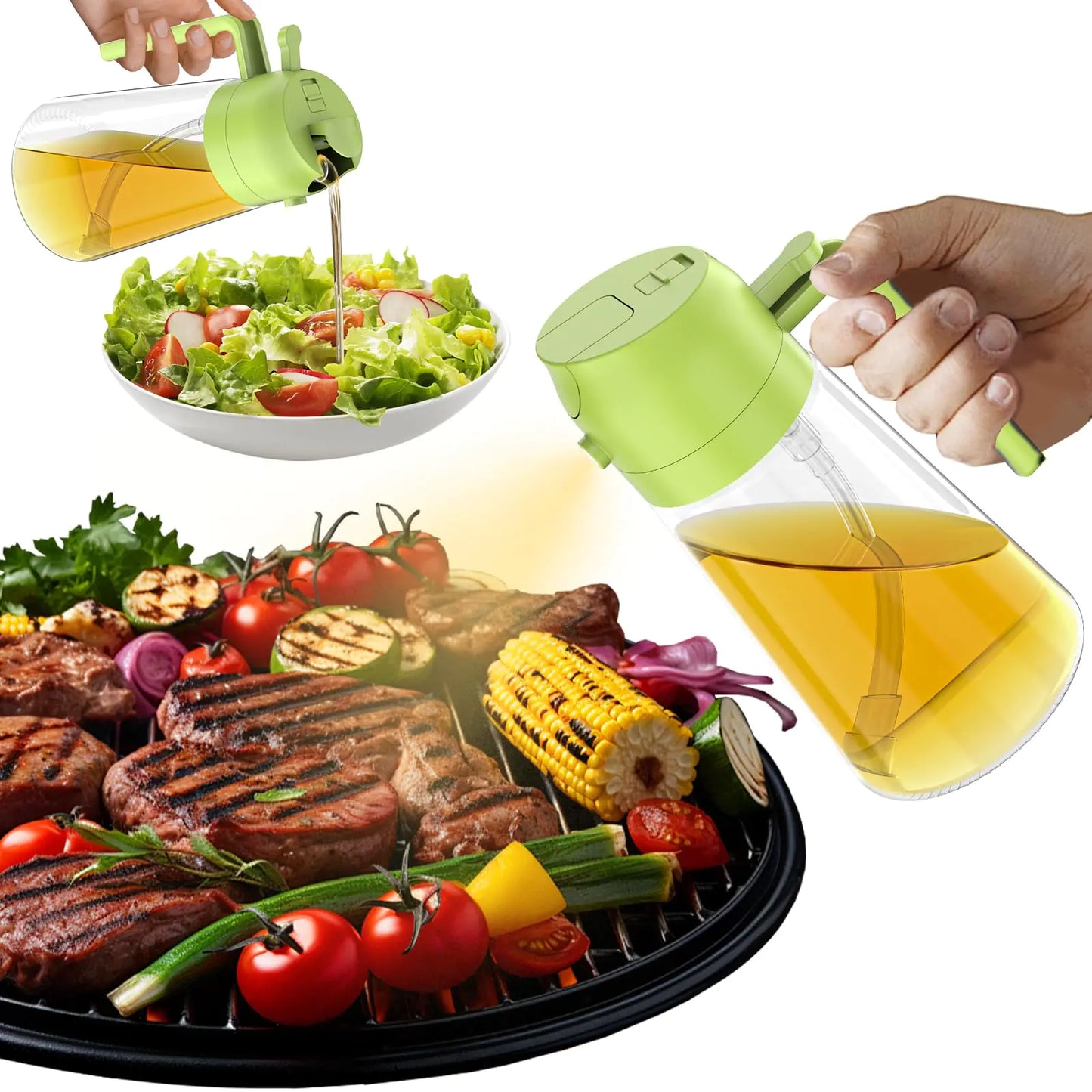 Oil Sprayer for Cooking 2 in 1 Oil Dispenser Bottle for Kitchen 16oz/470ml Spray & Pour Oil Dispenser BottleGlass Olive Oil Spritzer Food-grade Oil Mister for Air FryerSaladFryingBBQ (Green)